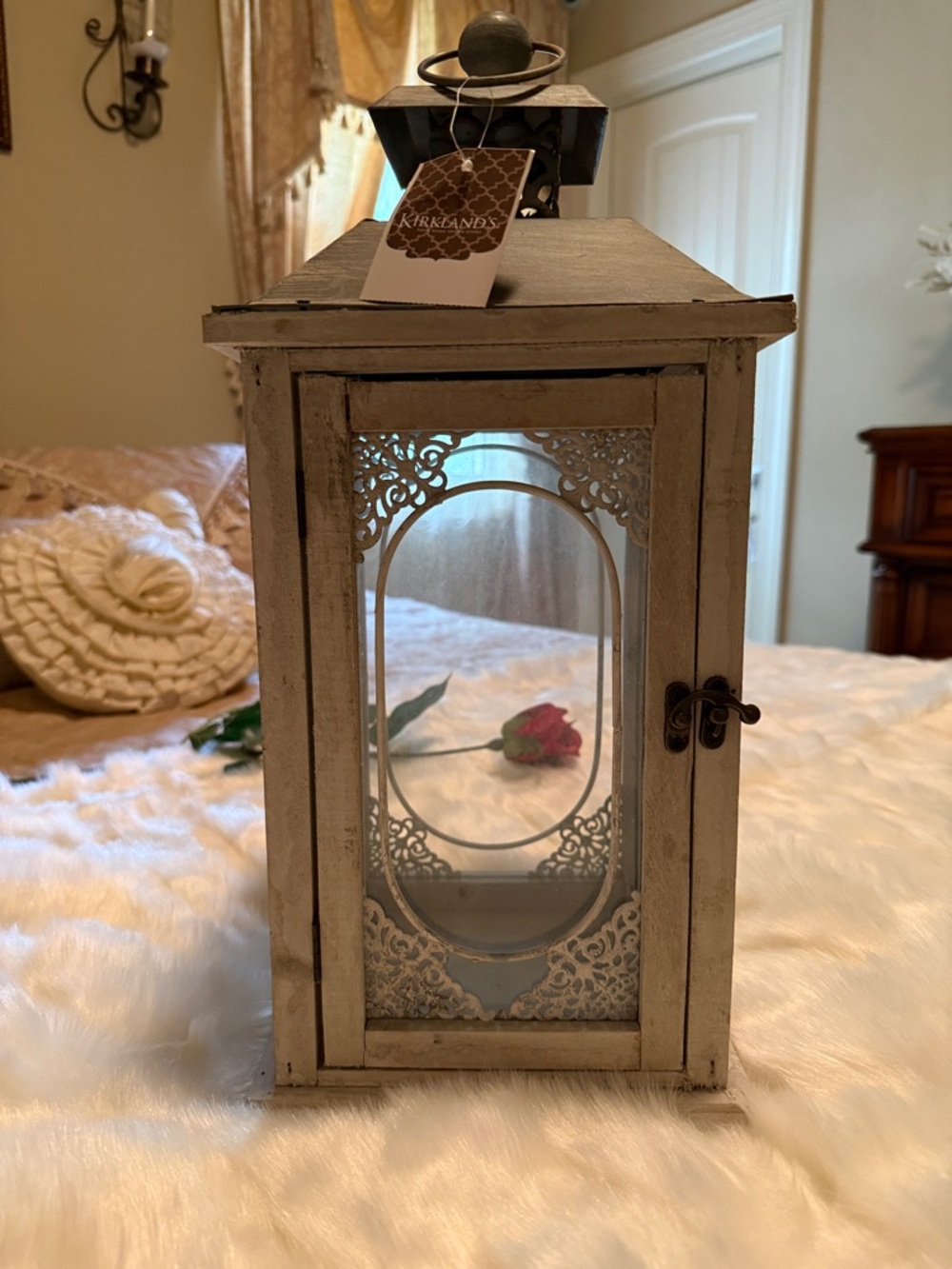 Kirkland Signature Distressed White Decorative Metal & Glass Lantern